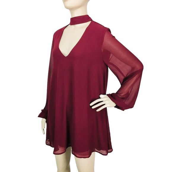 Show Me Your Mumu Josephine Burgundy Chiffon Choker Sheer Balloon Sleeve Dress - Picture 2 of 9